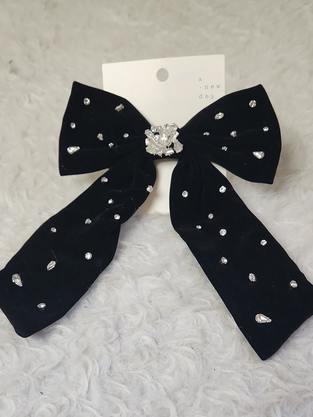 Velvet Hair Bow Clip - NWT A New Day - Black Rhinestones Bling, Large